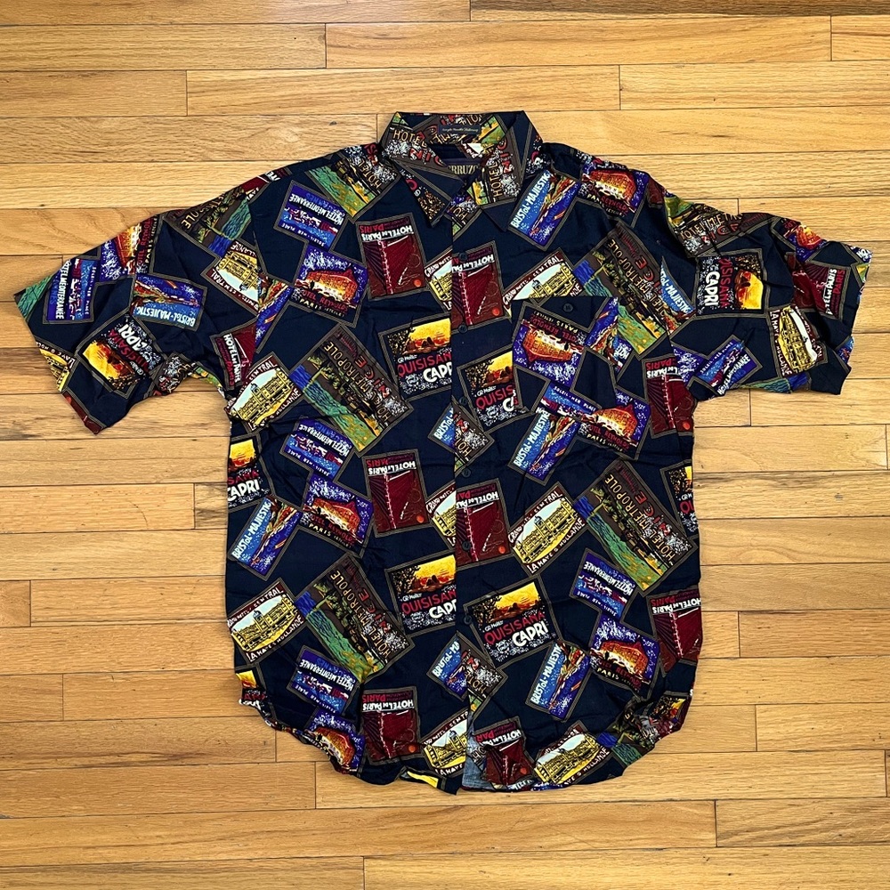 VTG NWOT Perruzo Button Shirt Rayon AOP All Over France Paris Capri Hawaiian 90s